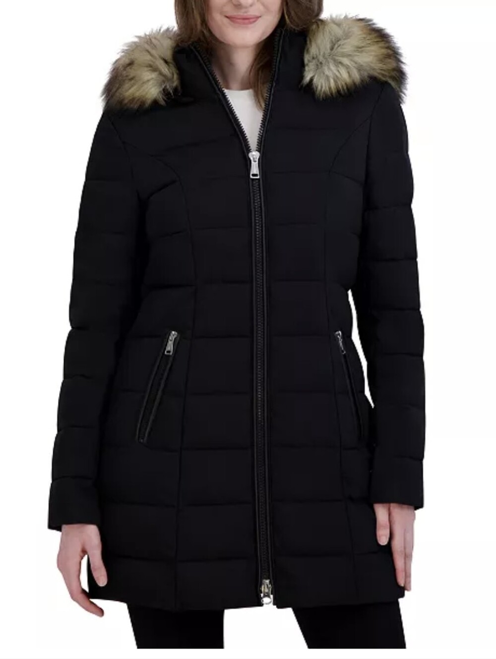 Laundry by Shelli Segal Women's Stretch Faux-Fur Trim Hooded Puffer Coat Black M